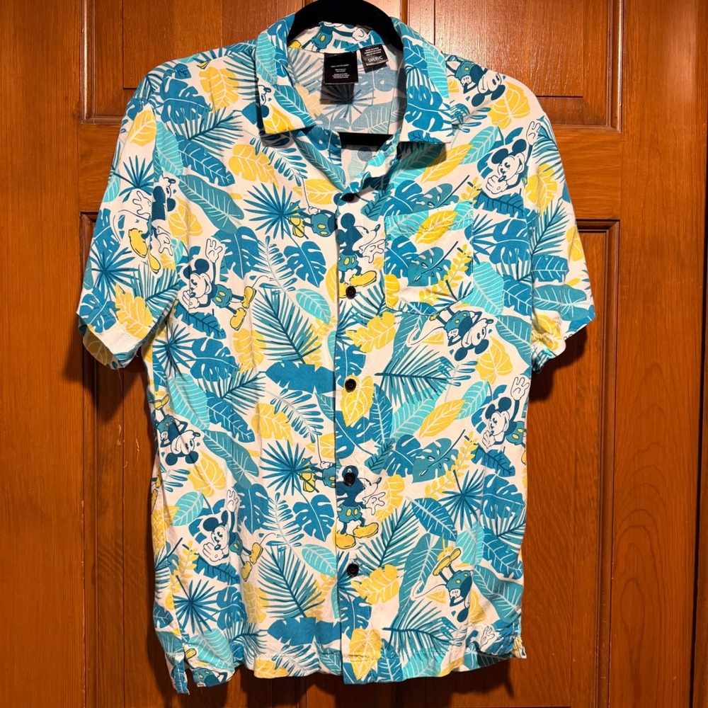 Disney Mickey Mouse Tropical Hawaiian Shirt Mens Small Teal Yellow Palm
